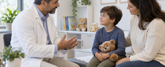 Visita di chirurgia pediatrica con medico, madre e bambino in studio