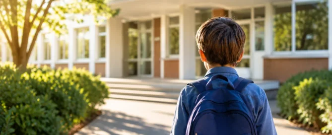 child with a backpack walking towards school